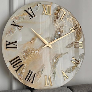 WhiteandGoldenAbstractEpoxyResinWallClockForHomeDecor
