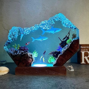 Custom Great White Shark and scuba resin lamp, SCUBA DIVER Epoxy Lamp, ocean night light, gift for him, Christmas gift, home decoration