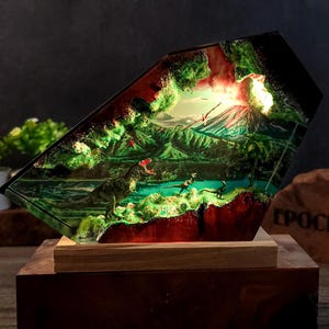 TR01 Prehistoric Dinosaur Resin Lamp – Epoxy Night Light with Volcano Scene for Unique Gift, Room Decor or Jurassic-Themed Collection